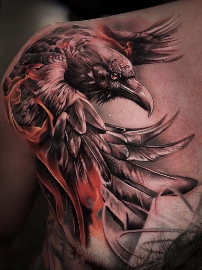 Black and grey realism tattoo showcasing detailed shading and themes from philosophy and mythology.