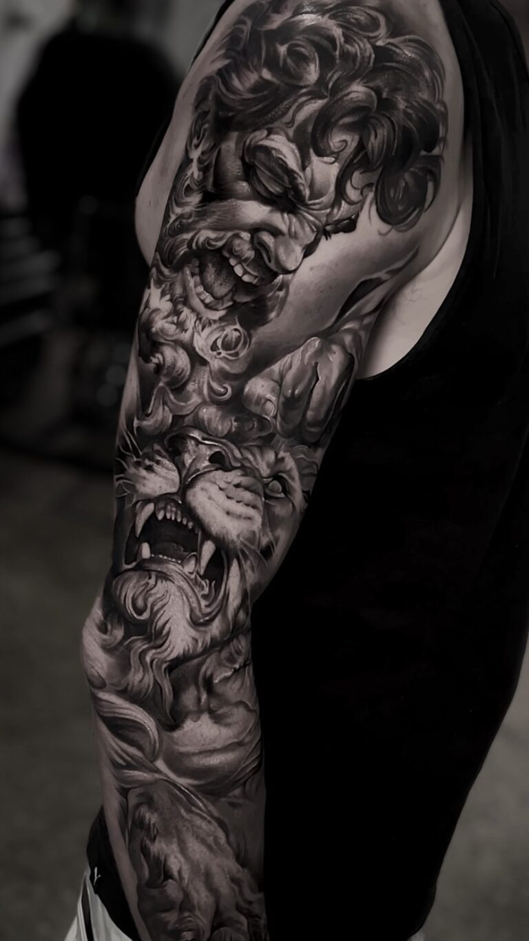 Black and grey realism tattoo by Bryn Holman featuring detailed contrast, inspired by mythology, film, and philosophy.