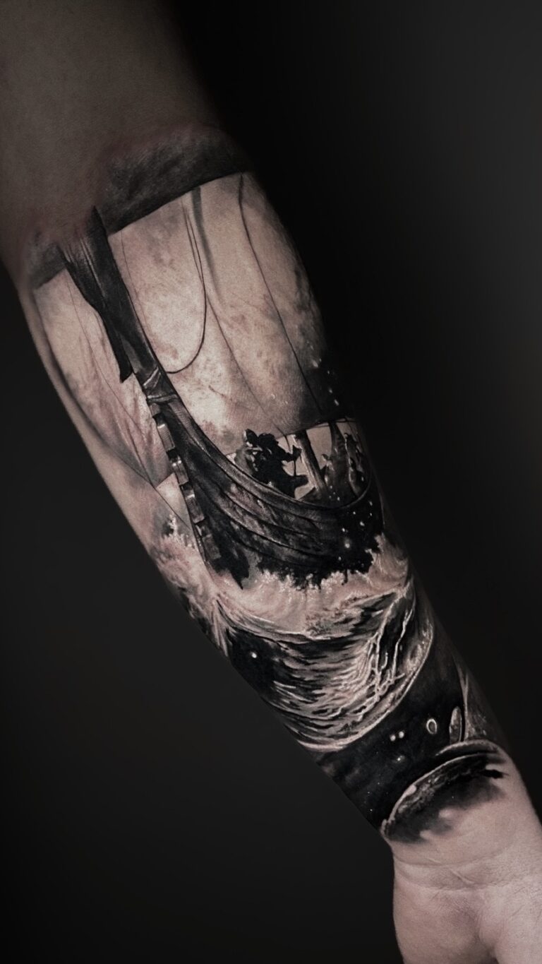 Black and grey realism tattoo by Bryn Holman featuring detailed contrast, inspired by mythology, film, and philosophy.