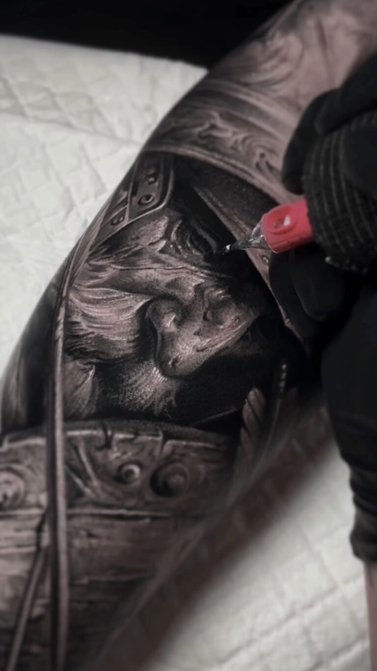 Black and grey realism tattoo by Bryn Holman featuring detailed contrast, inspired by mythology, film, and philosophy.