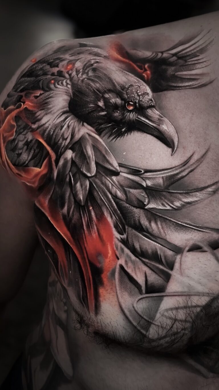 Black and grey realism tattoo by Bryn Holman featuring detailed contrast, inspired by mythology, film, and philosophy.