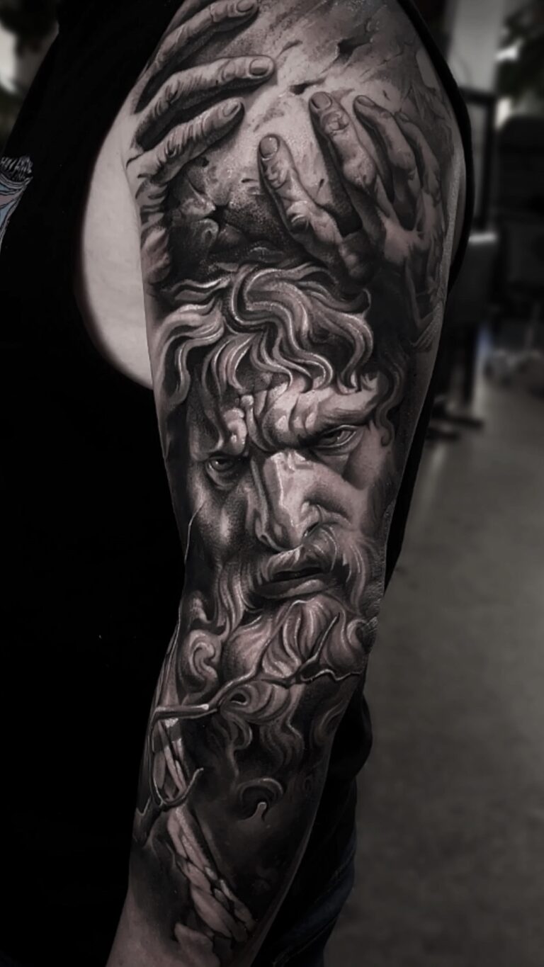 Black and grey realism tattoo showcasing detailed shading and themes from philosophy and mythology.