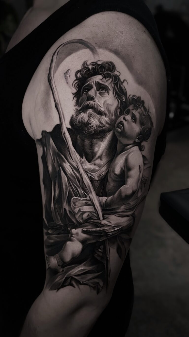 Black and grey realism tattoo showcasing detailed shading and themes from philosophy and mythology.