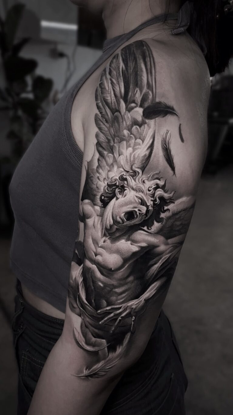 Black and grey realism tattoo showcasing detailed shading and themes from philosophy and mythology.