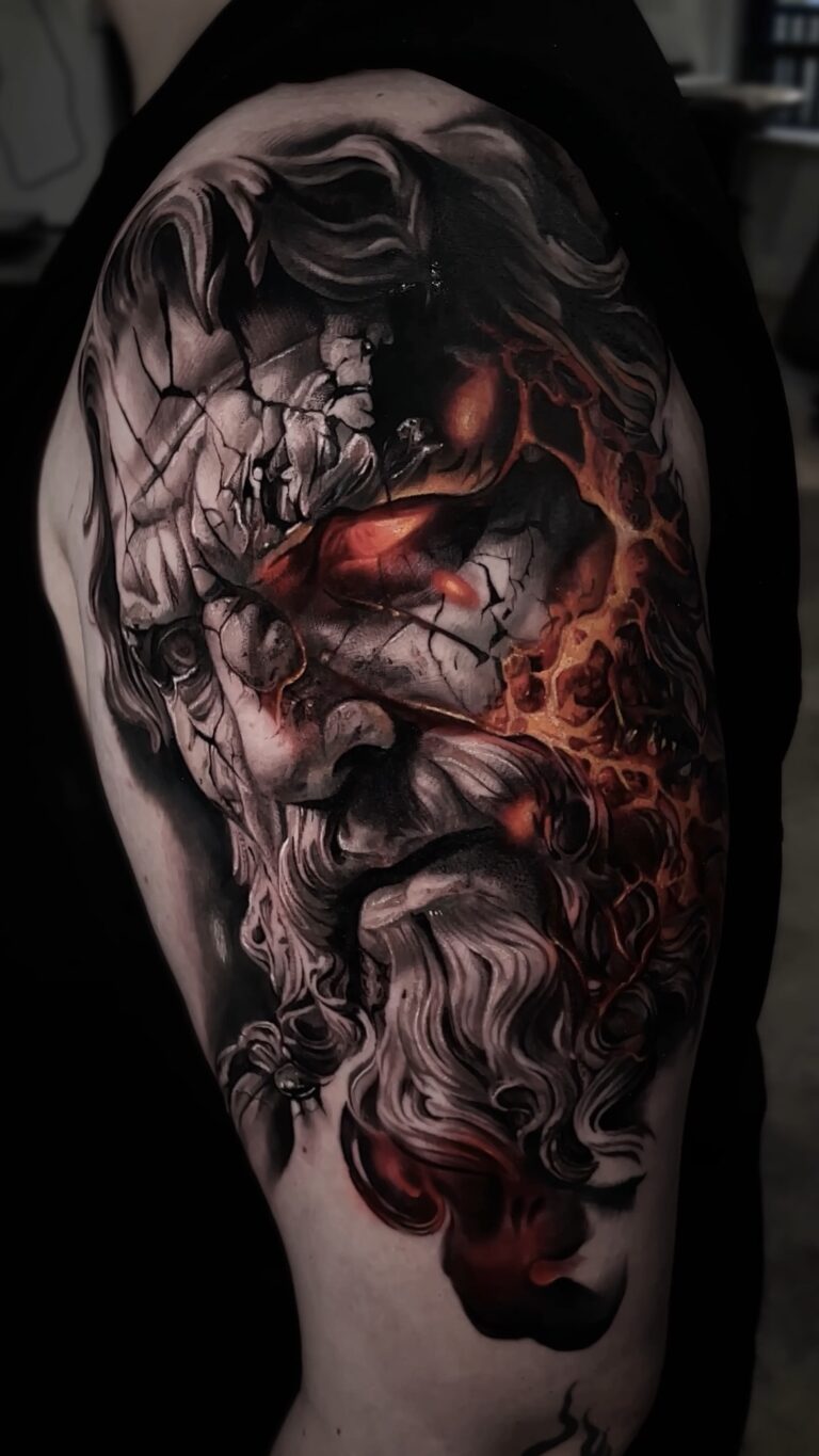 Black and grey realism tattoo showcasing detailed shading and themes from philosophy and mythology.