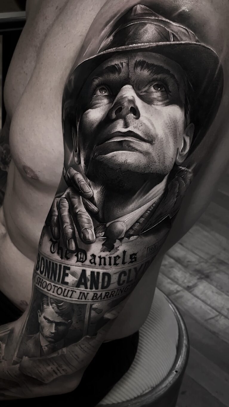 Black and grey realism tattoo showcasing detailed shading and themes from philosophy and mythology.