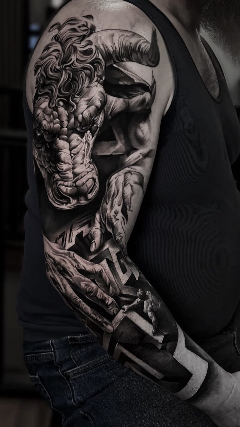 Black and grey realism tattoo showcasing detailed shading and themes from philosophy and mythology.
